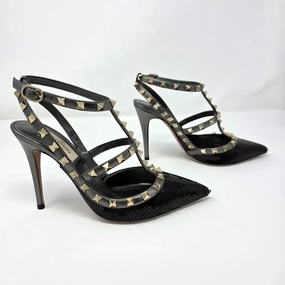 Valentino Rockstud Slingback Heels Stud Black Sequin Strappy Gladiator Pump 37 7